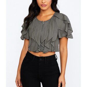 2b. Rych Silk Ruffle Zip Jacket Cropped Short Sleeve Gray Small